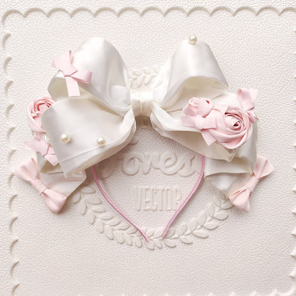 Satin Bow Headband with Fabric Roses and Pearl Accents