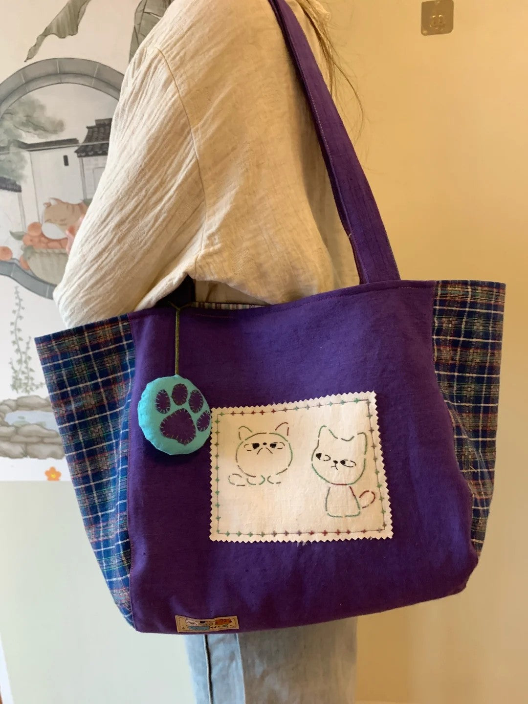 Handcrafted Purple Cotton Cat Tote Bag