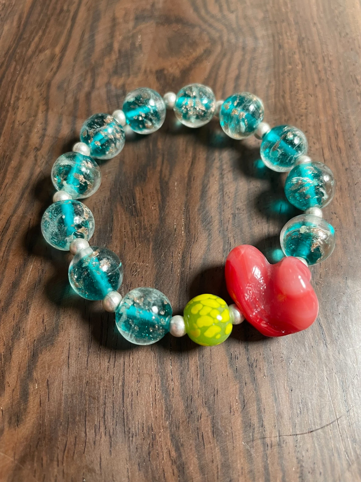 Handmade Glass Bead Bracelet with Coral Heart