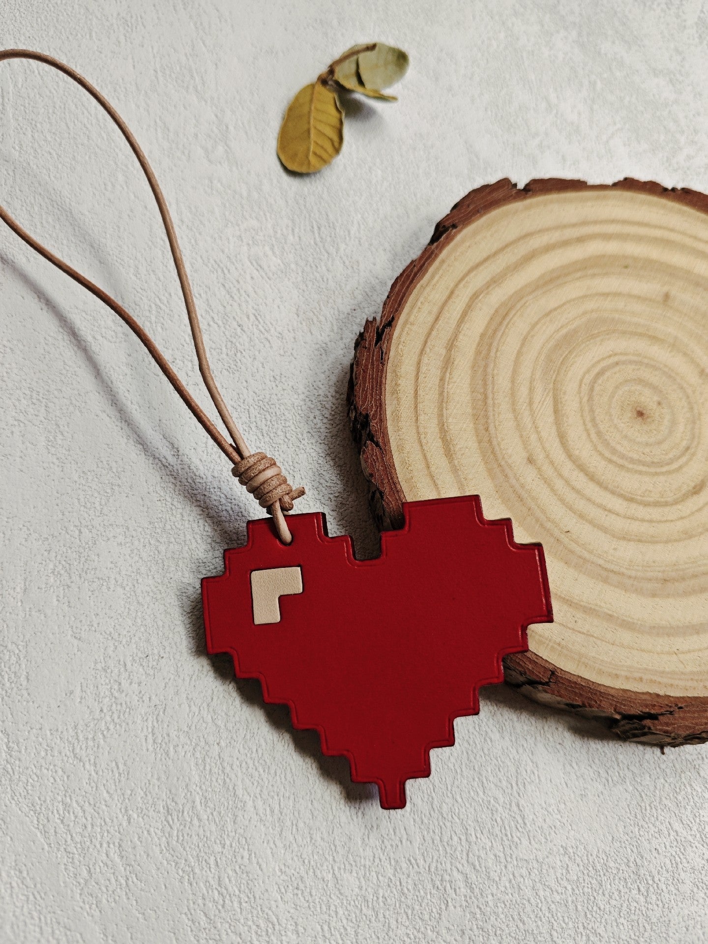 Vegetable-Tanned Leather Pixel Heart Keychain