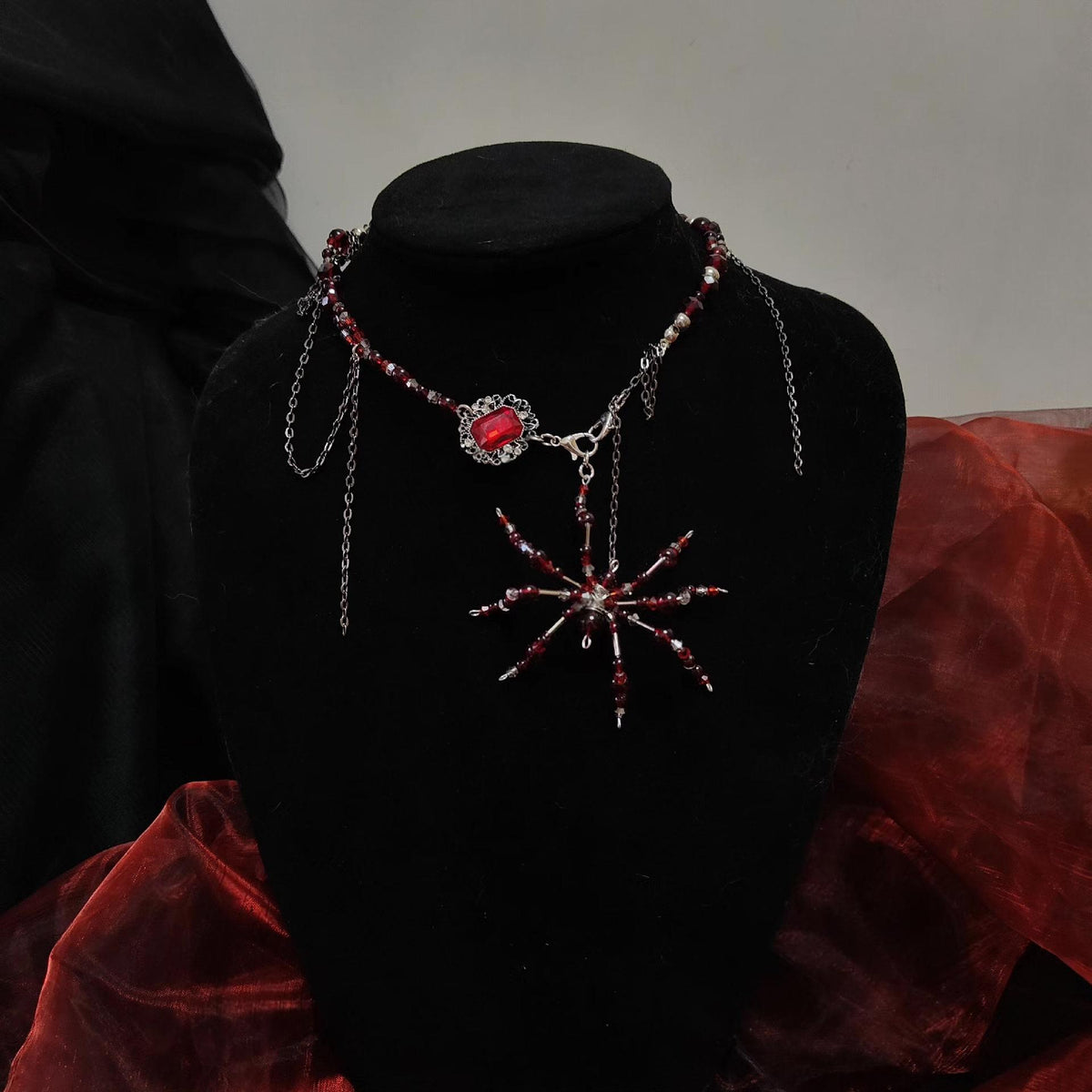 Articulated Spider Gothic Necklace Red Beads