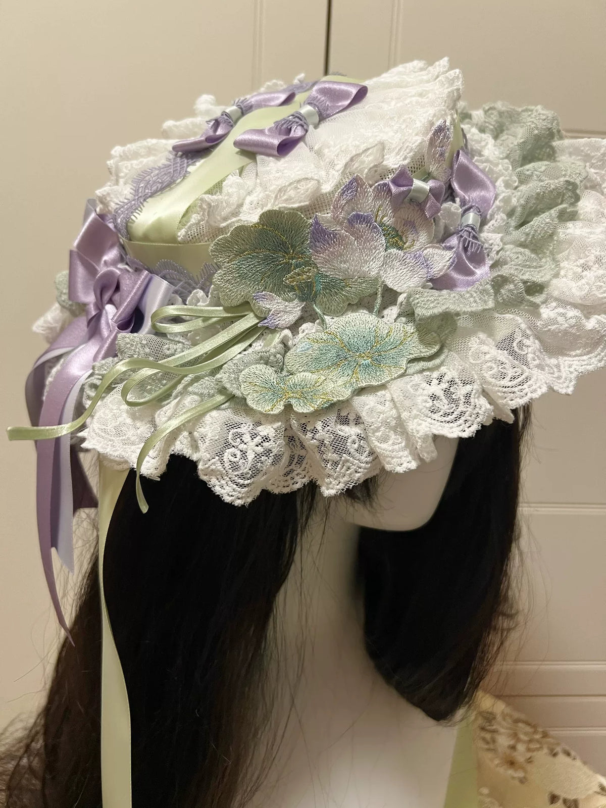 Sage Green Lotus Embroidered Flat Bonnet with Lace Brim