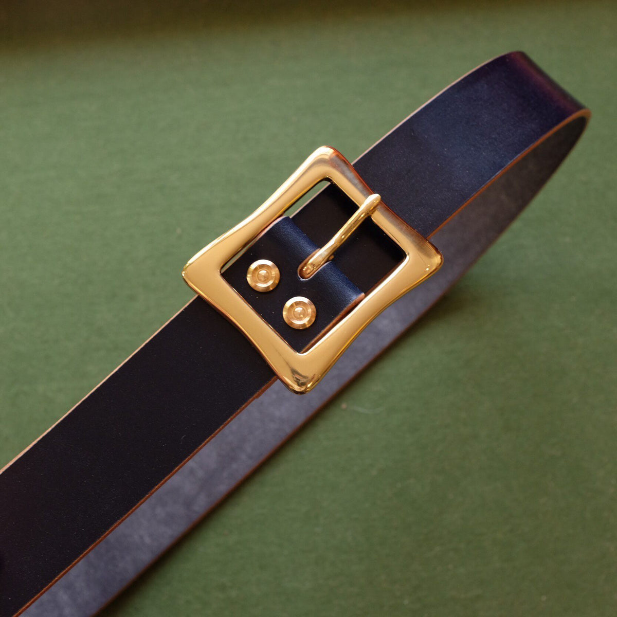 Navy Blue Leather Belt with Gold-Tone Square Buckle, 113 cm