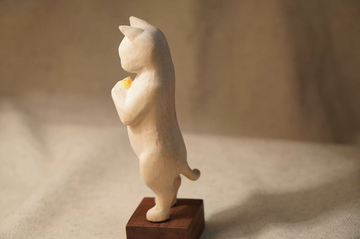 Hand Carved Linden Wood Cat Figurine