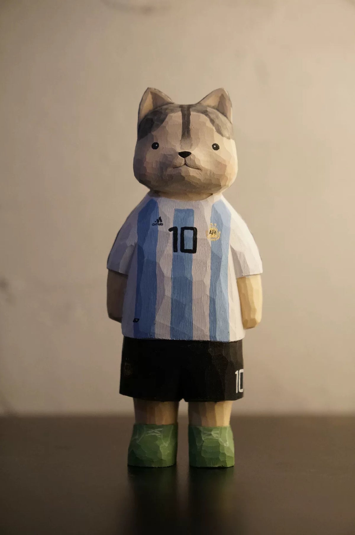 Hand Carved Wooden Cat Football Figurine