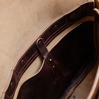 Rich Brown Leather Messenger Bag with Brass Buckle Closure