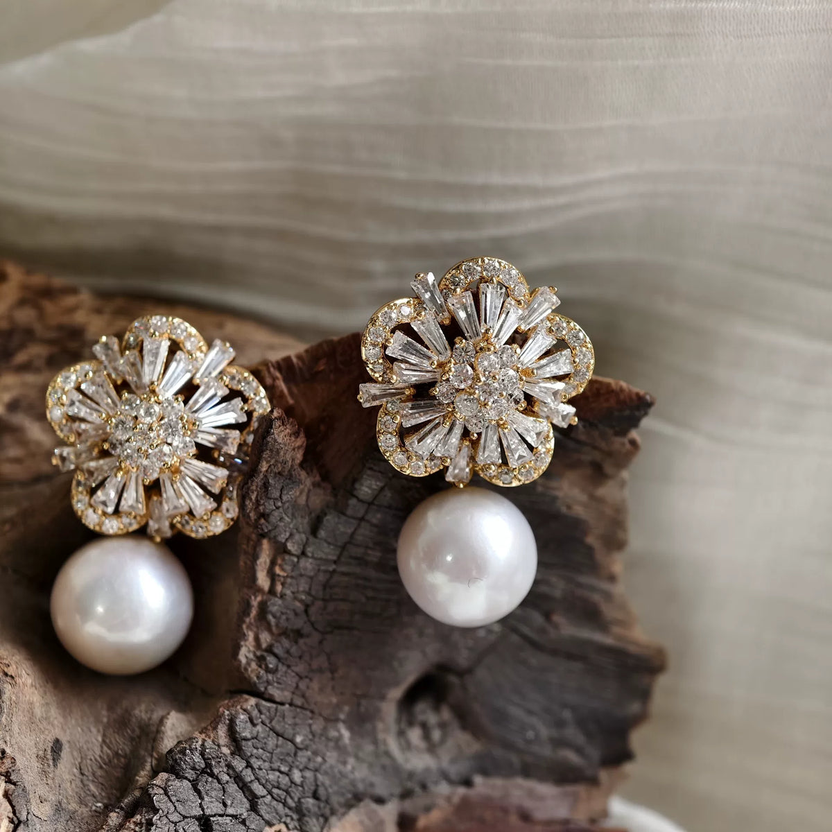 Freshwater Pearl Zirconia Floral Stud Earrings