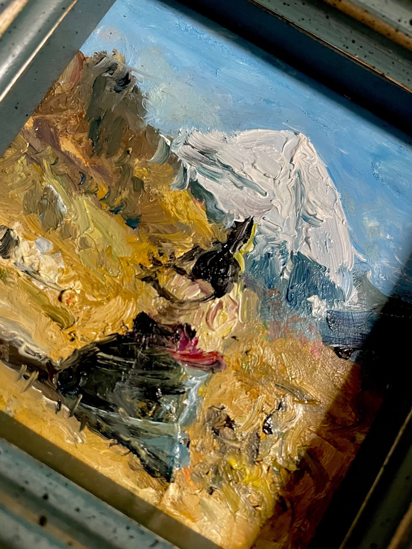 Hand-Painted Oil Painting of Snow-Capped Mountain Landscape, 10x10cm Canvas in 20x20cm Wooden Frame