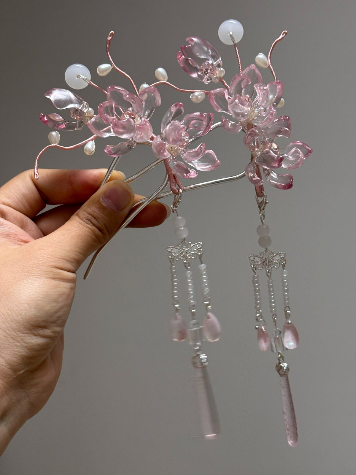 Liuli Glass Flower Hairpin with Tassels