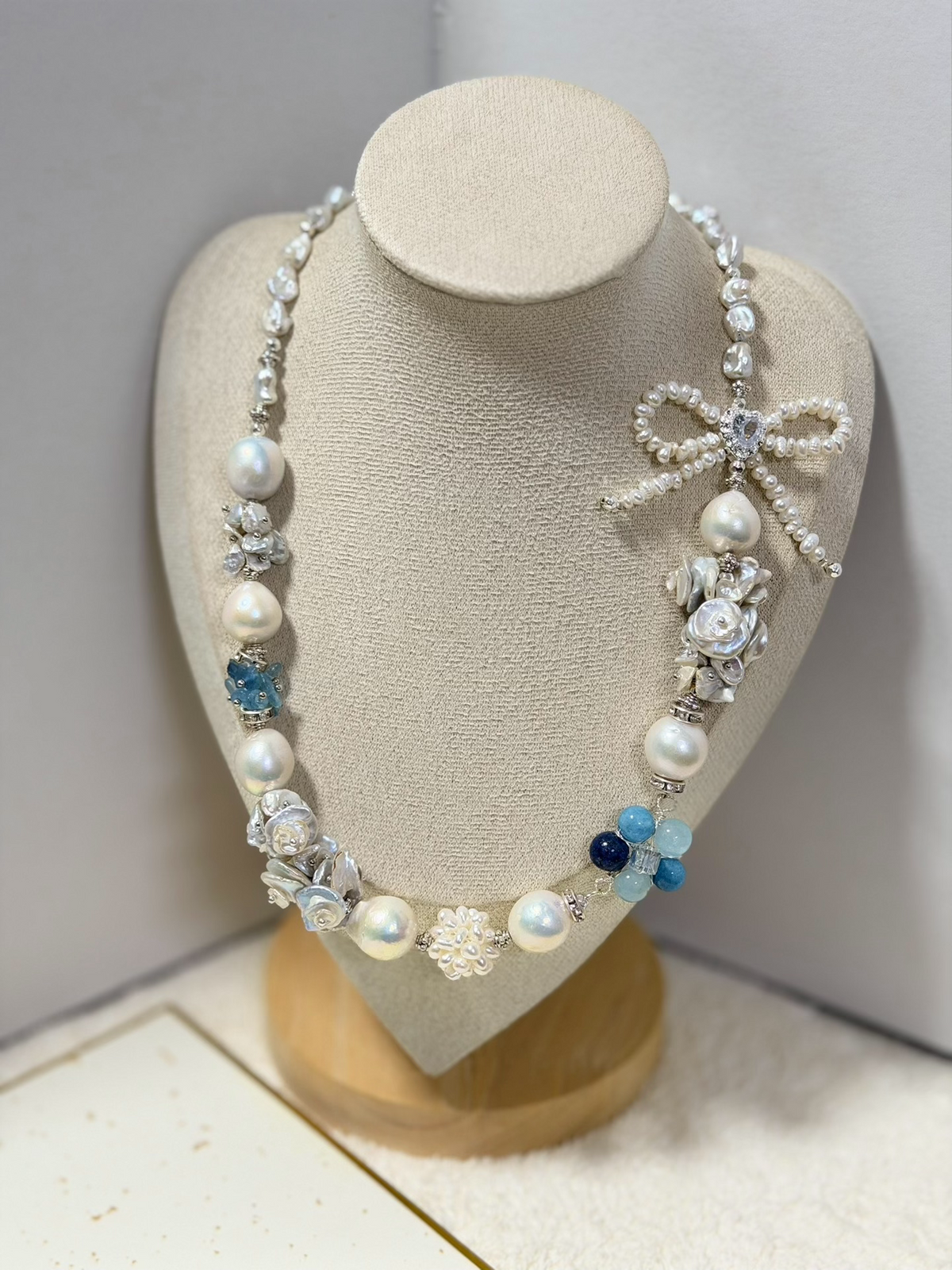 Baroque Pearl Floral Necklace with Blue Stones