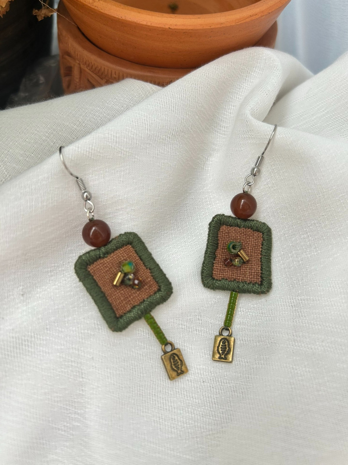 Handmade Fabric Earrings with Beaded Charms