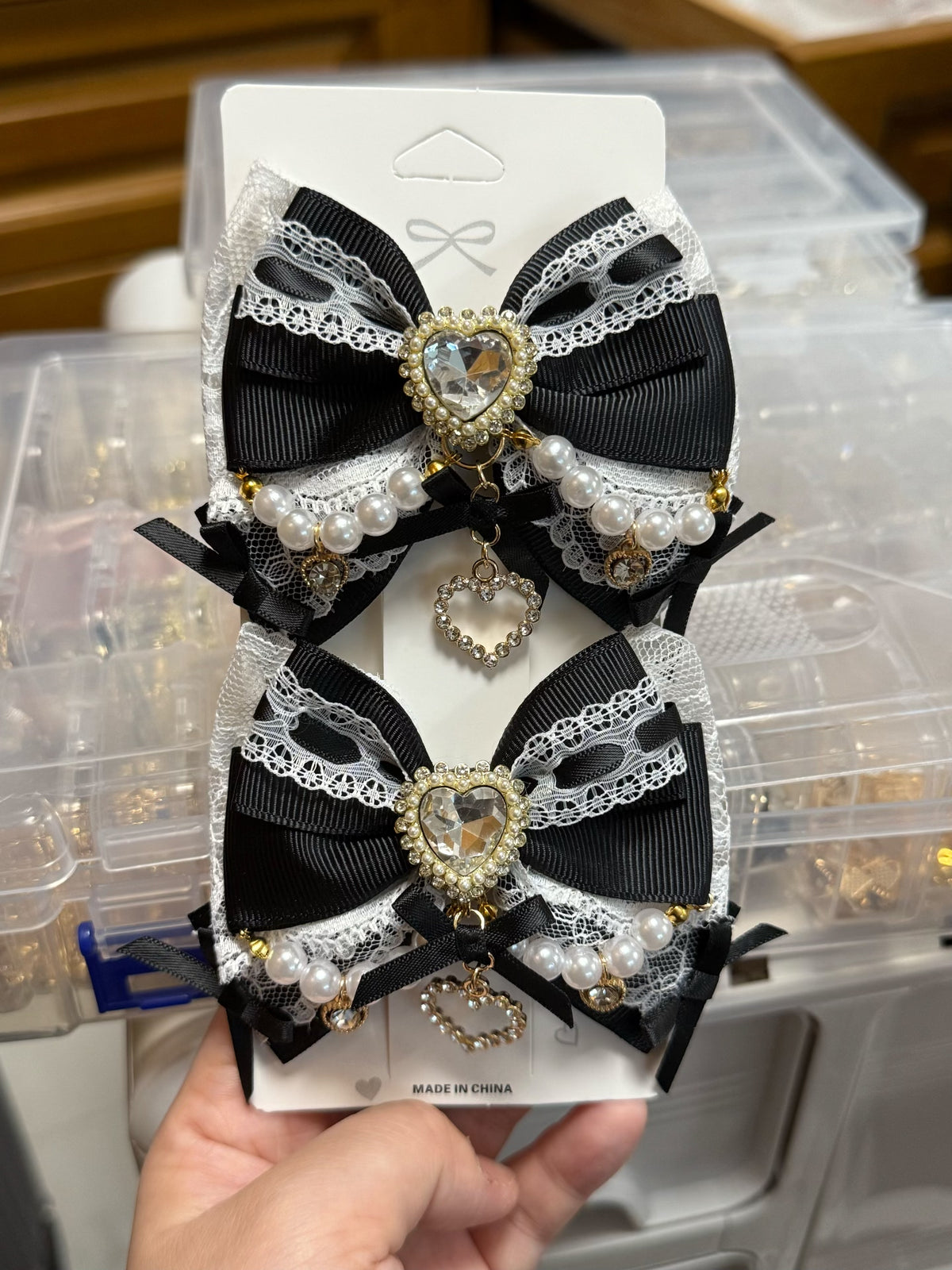 Crystal Heart Bow Side Clips Set