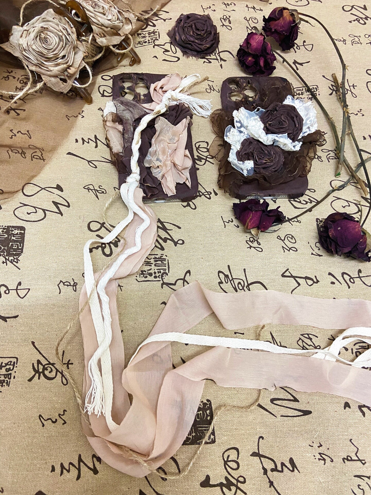 Fabric Phone Case with Burned Roses