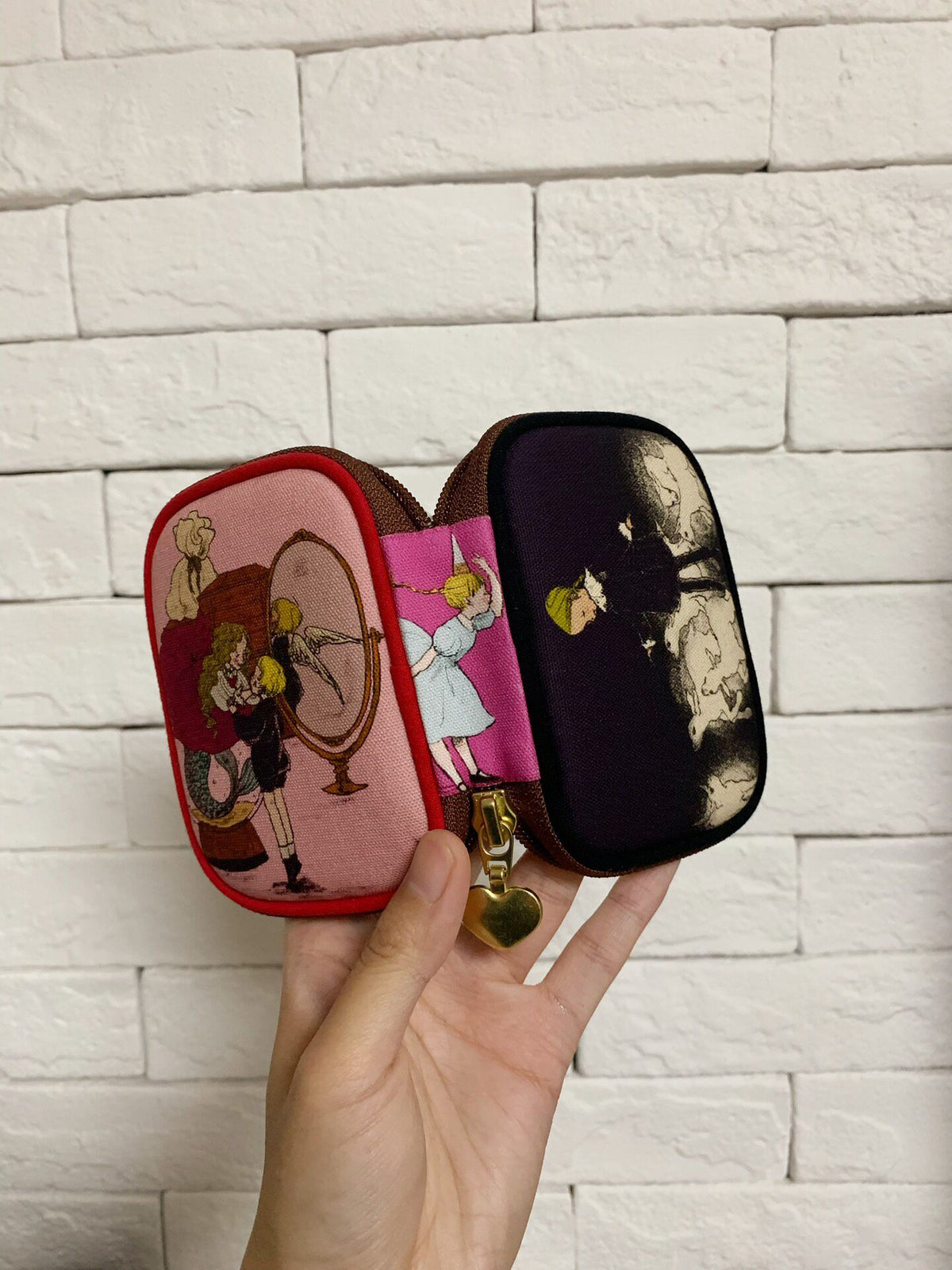 Zippered Patchwork Pouch with Illustrated Panels