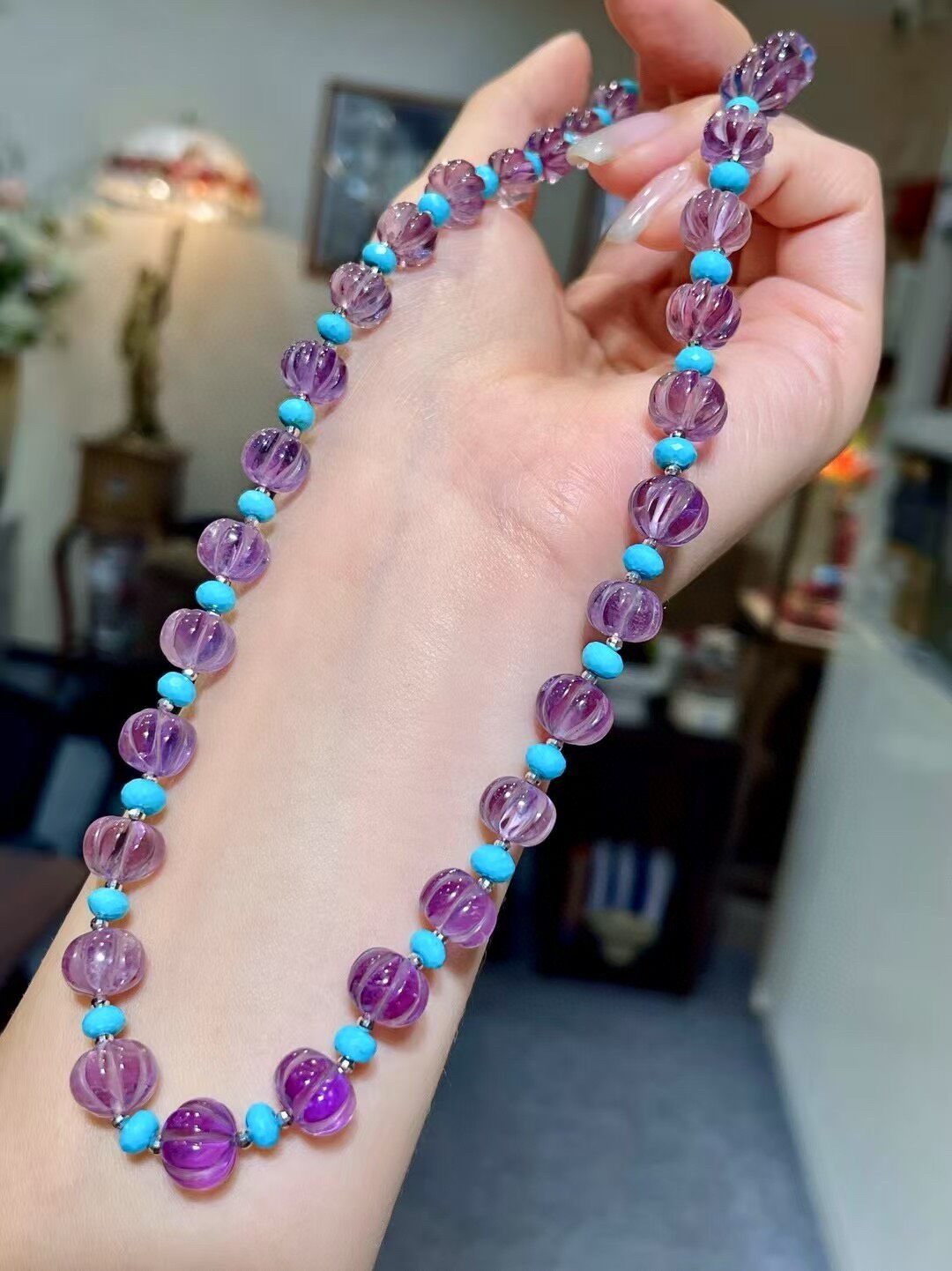 Purple Pumpkin-Cut Amethyst and Turquoise Bead Necklace