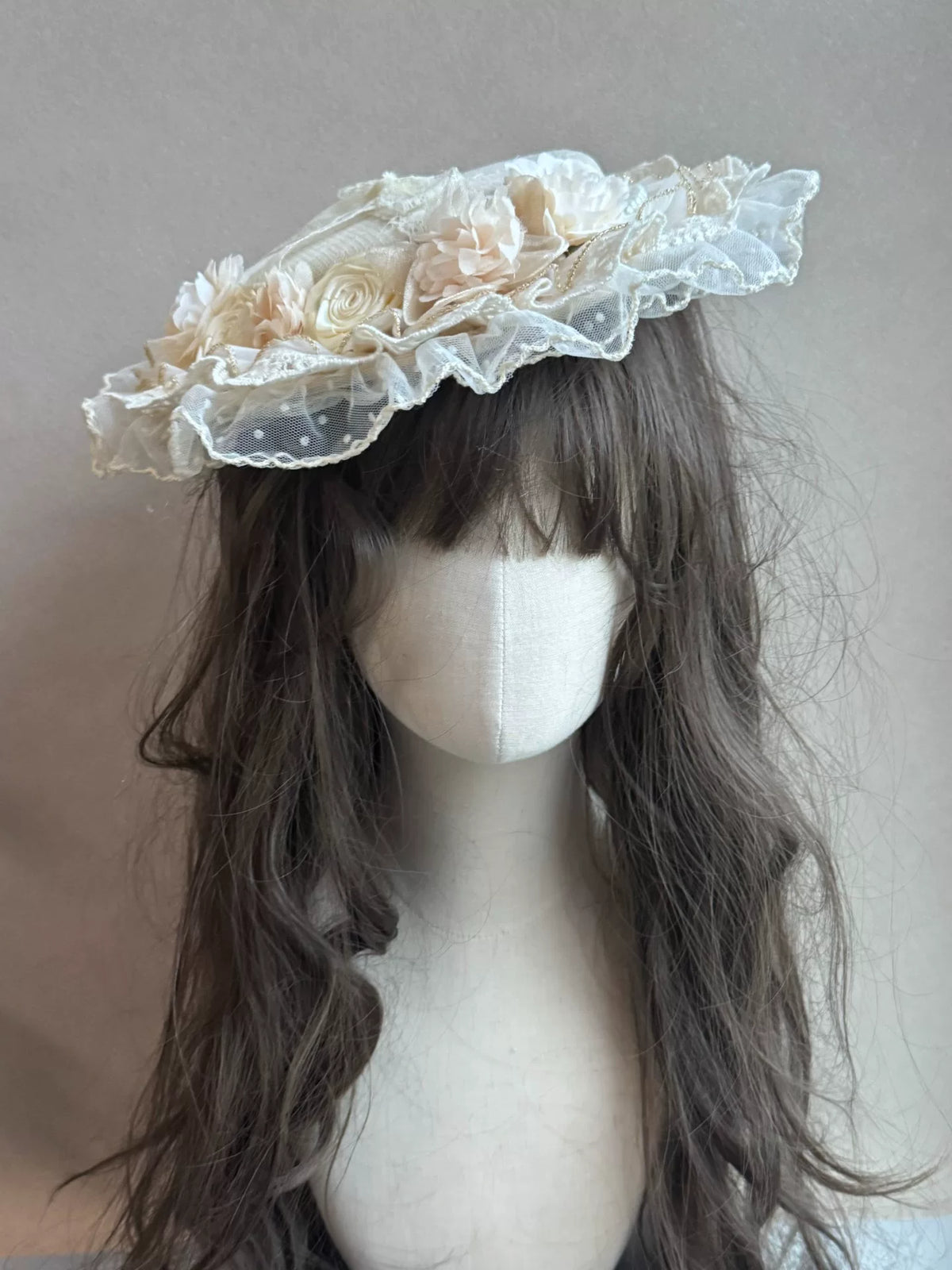 Champagne Lace Ribbon Rose Fascinator Hat