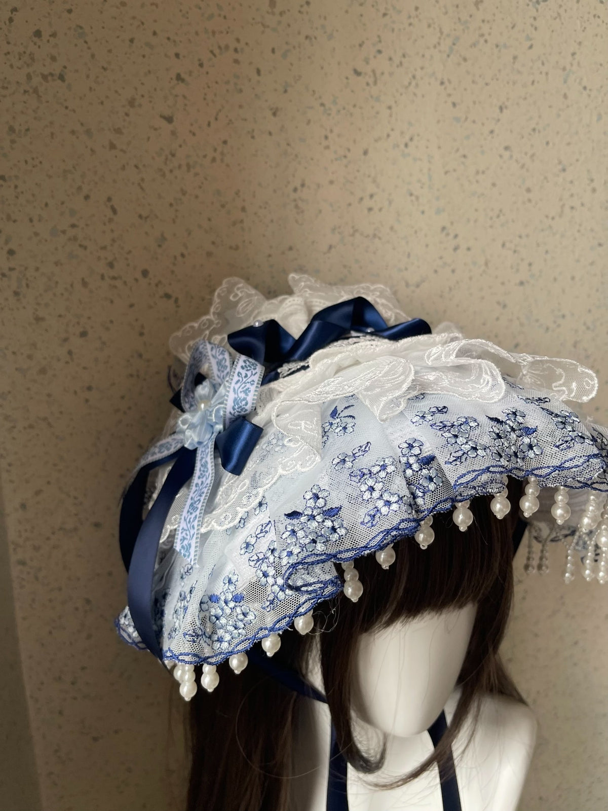 Lolita Blue White Lace Bonnet Hat