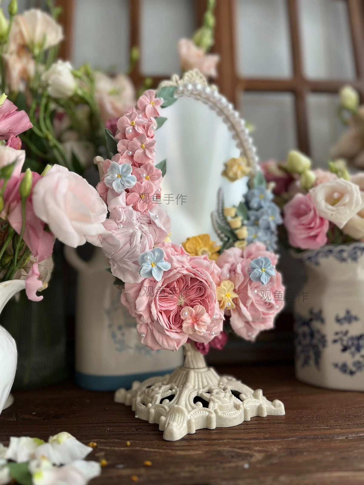 Clay Flower Decorated Standing Mirror