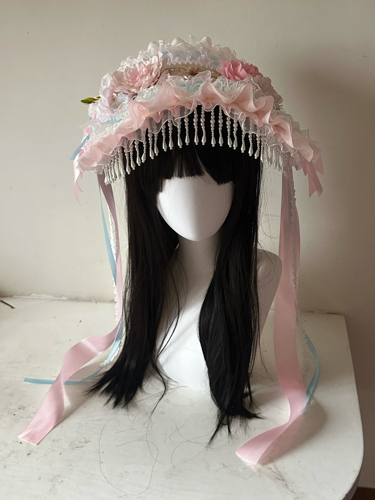 Blue Pink Lace Bonnet with Pearl Fringe
