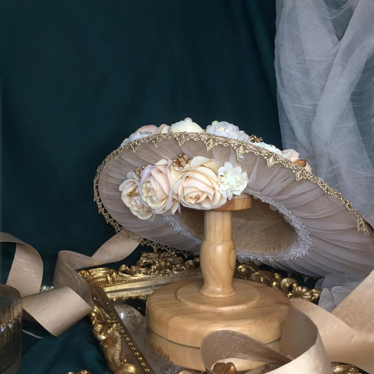 Lolita Flat Hat with Floral Lace Trim