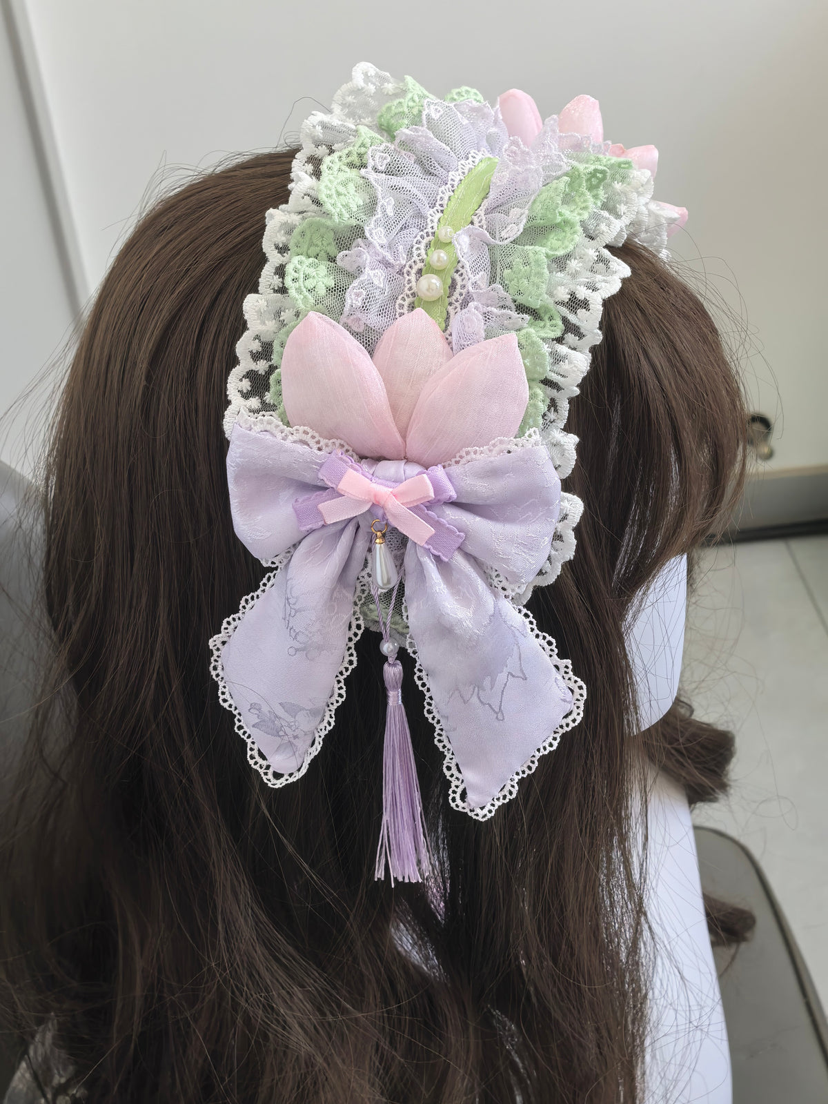 Handmade Lotus Lace Headband Mint Green