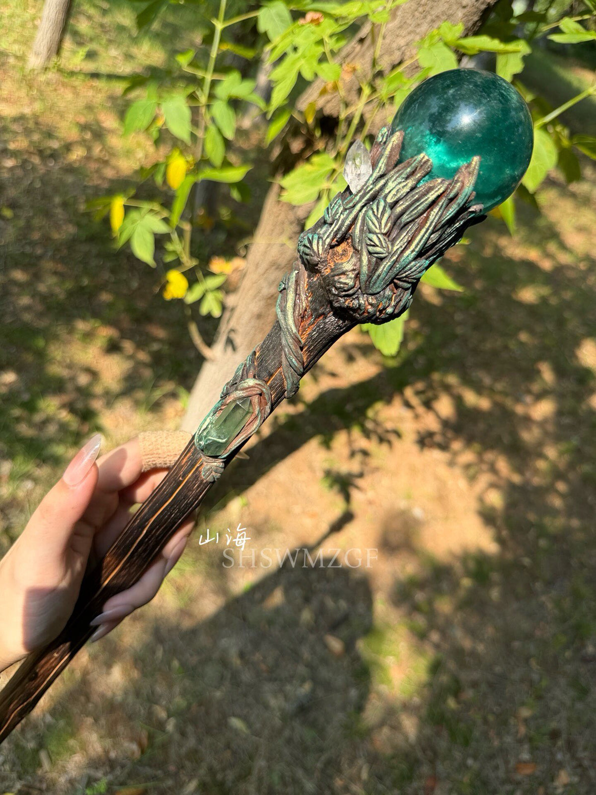 Fantasy Staff with Green Orb and Bronze Metalwork