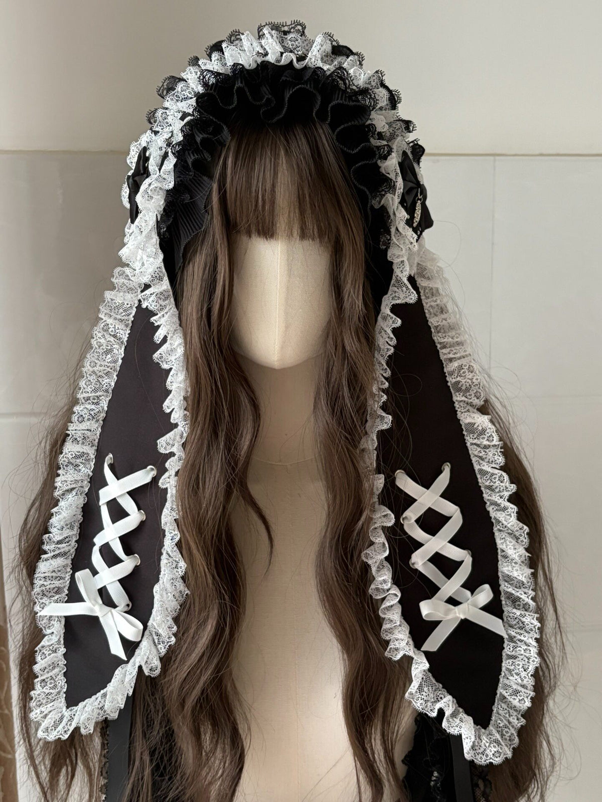 Gothic Lace Bunny Ear Headband with Ribbon Lacing
