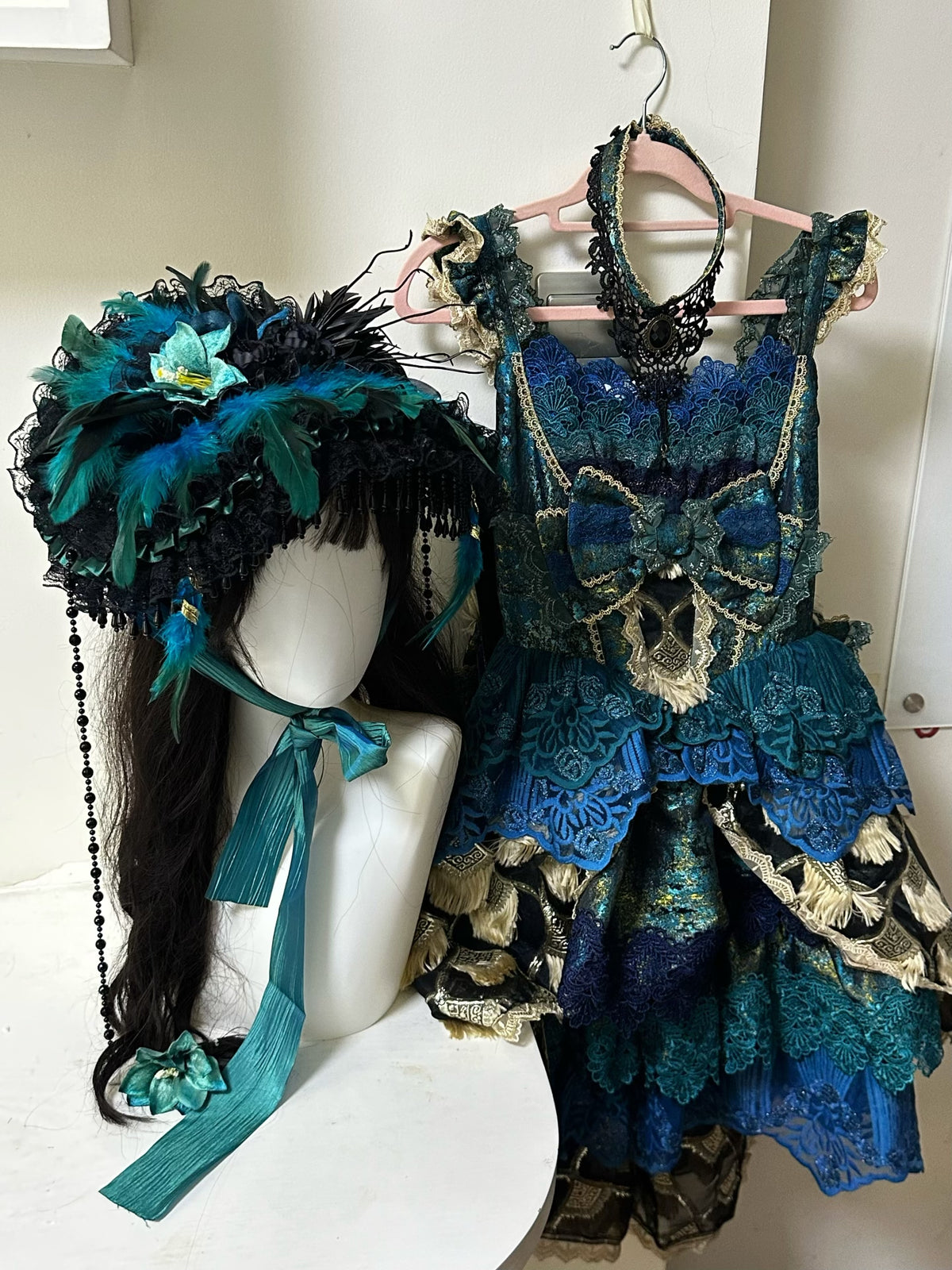 Gothic Costume Set with Teal Feather Hat