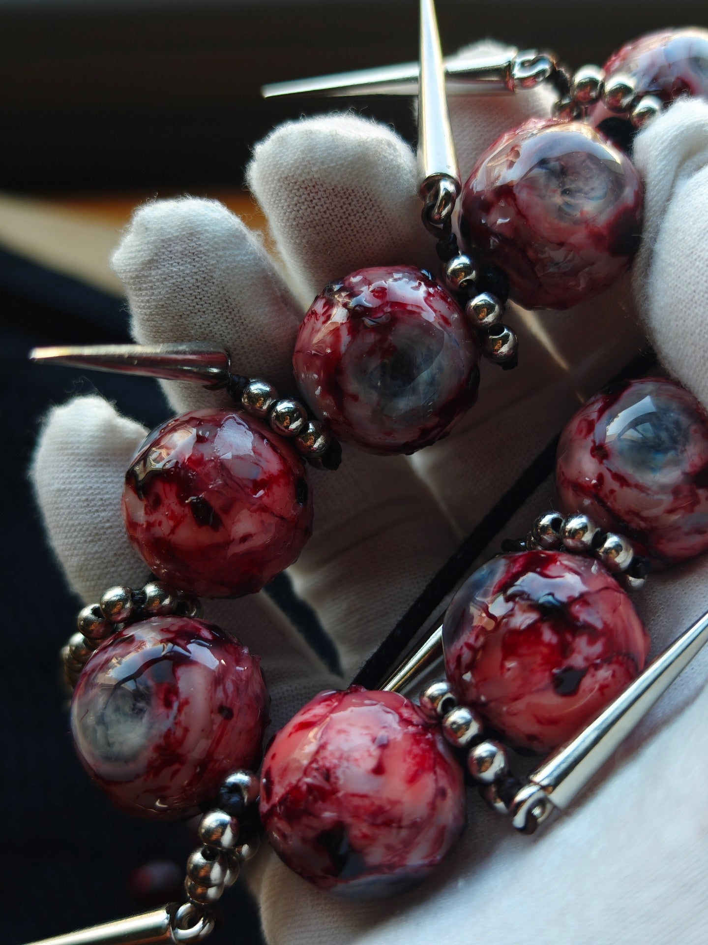 Cthulhu Eye Custom Clavicle Necklace with Resin Beads and Metal Spikes