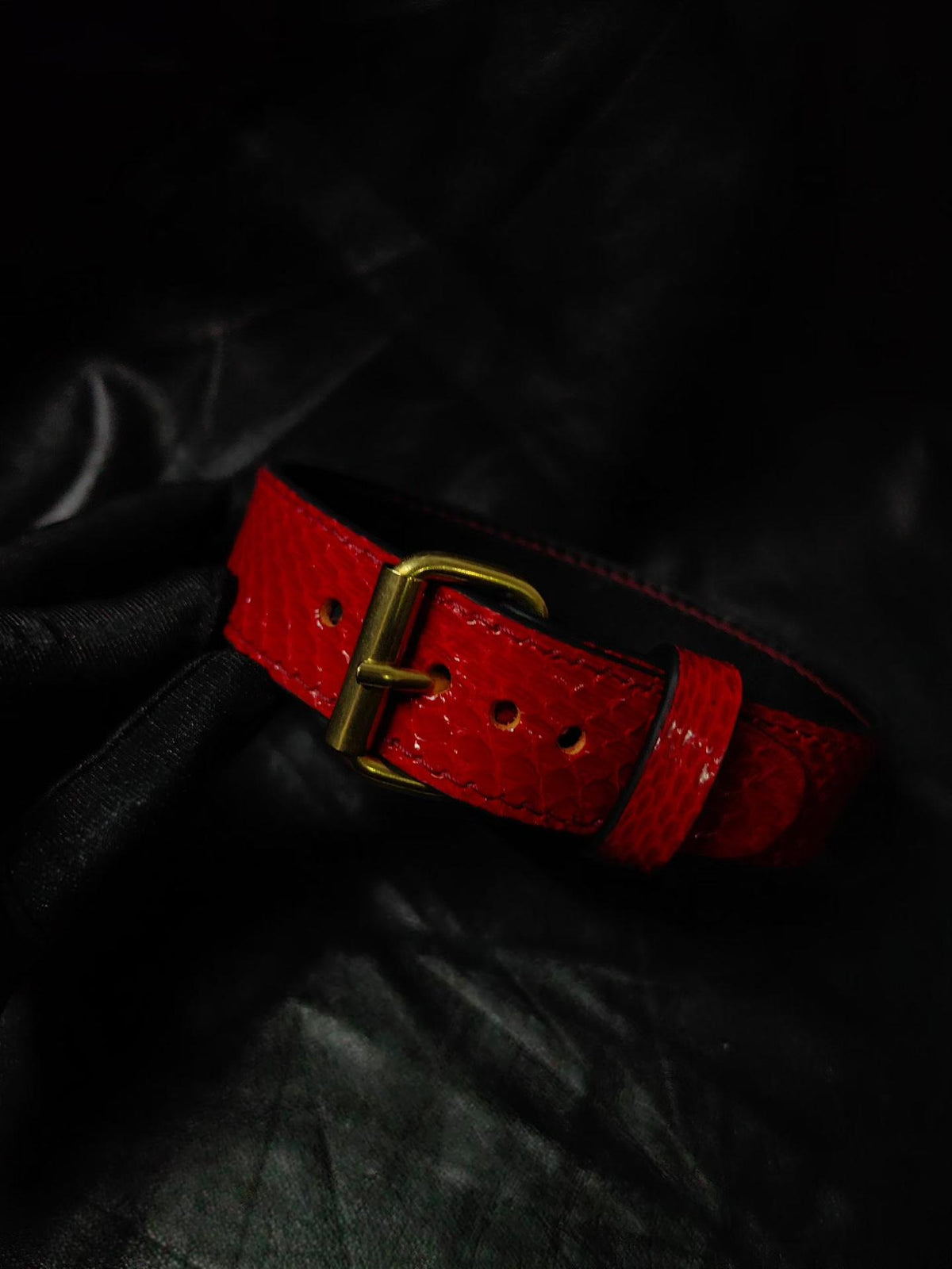 Red Snake Leather Choker Necklace Brass Buckle