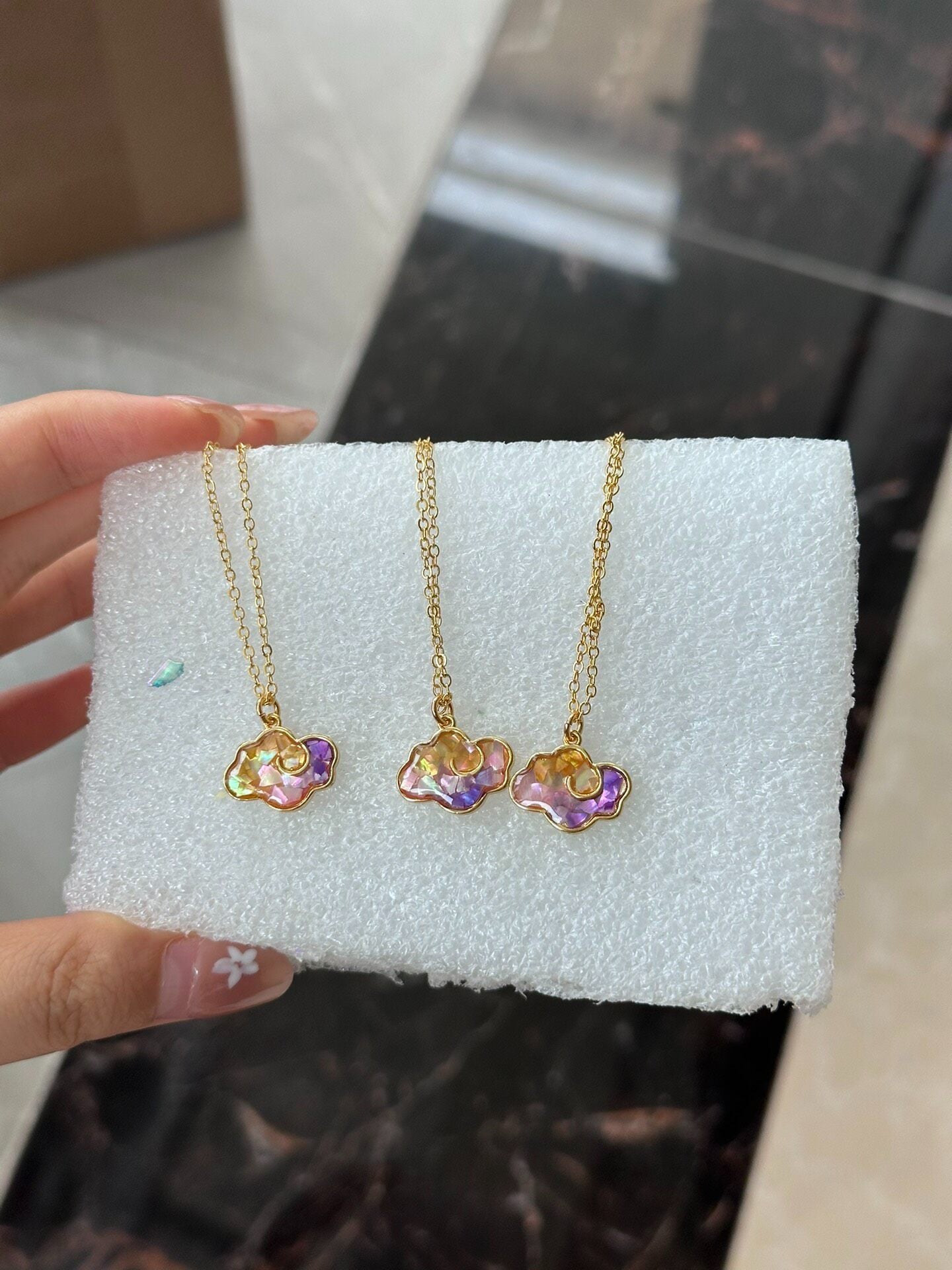 Gold-Plated Copper Cloud Motif Necklace & Earring Set with Iridescent Accents