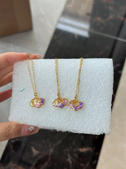 Gold-Plated Copper Cloud Motif Necklace & Earring Set with Iridescent Accents