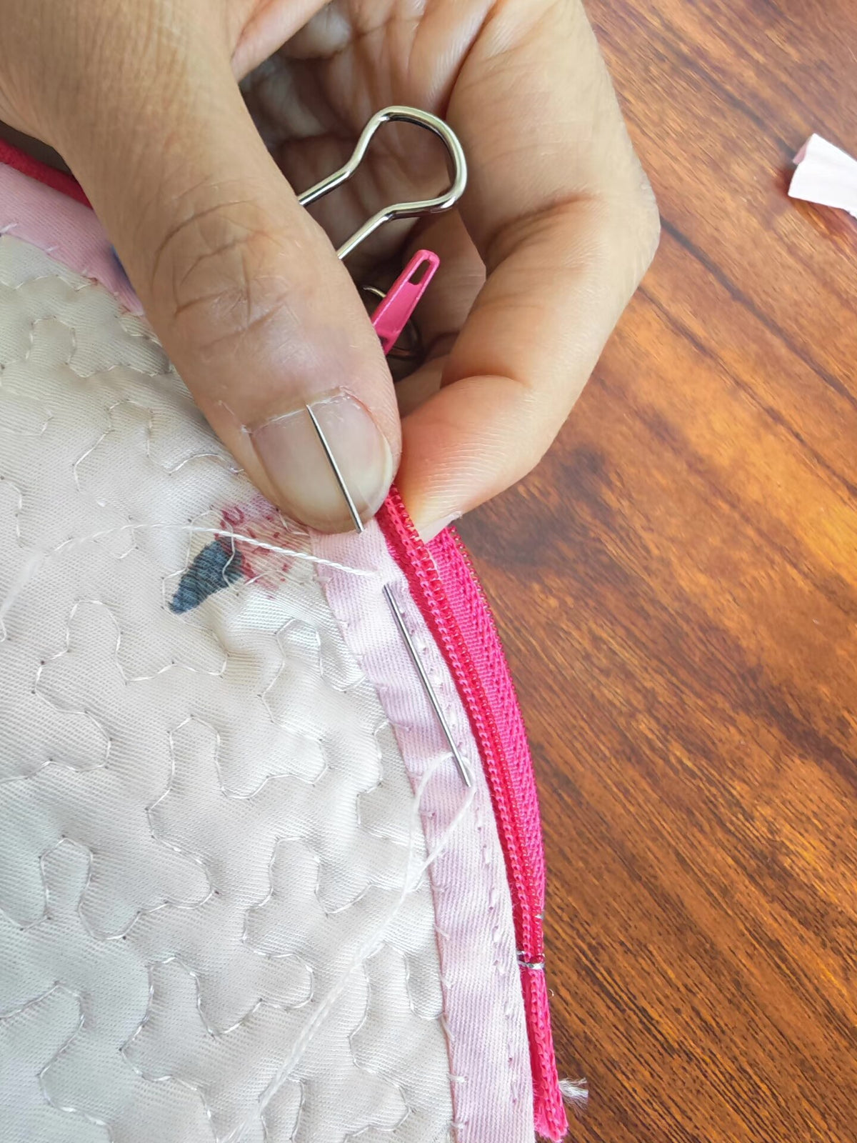 Handmade Quilted Shell Pouch with Crochet Applique