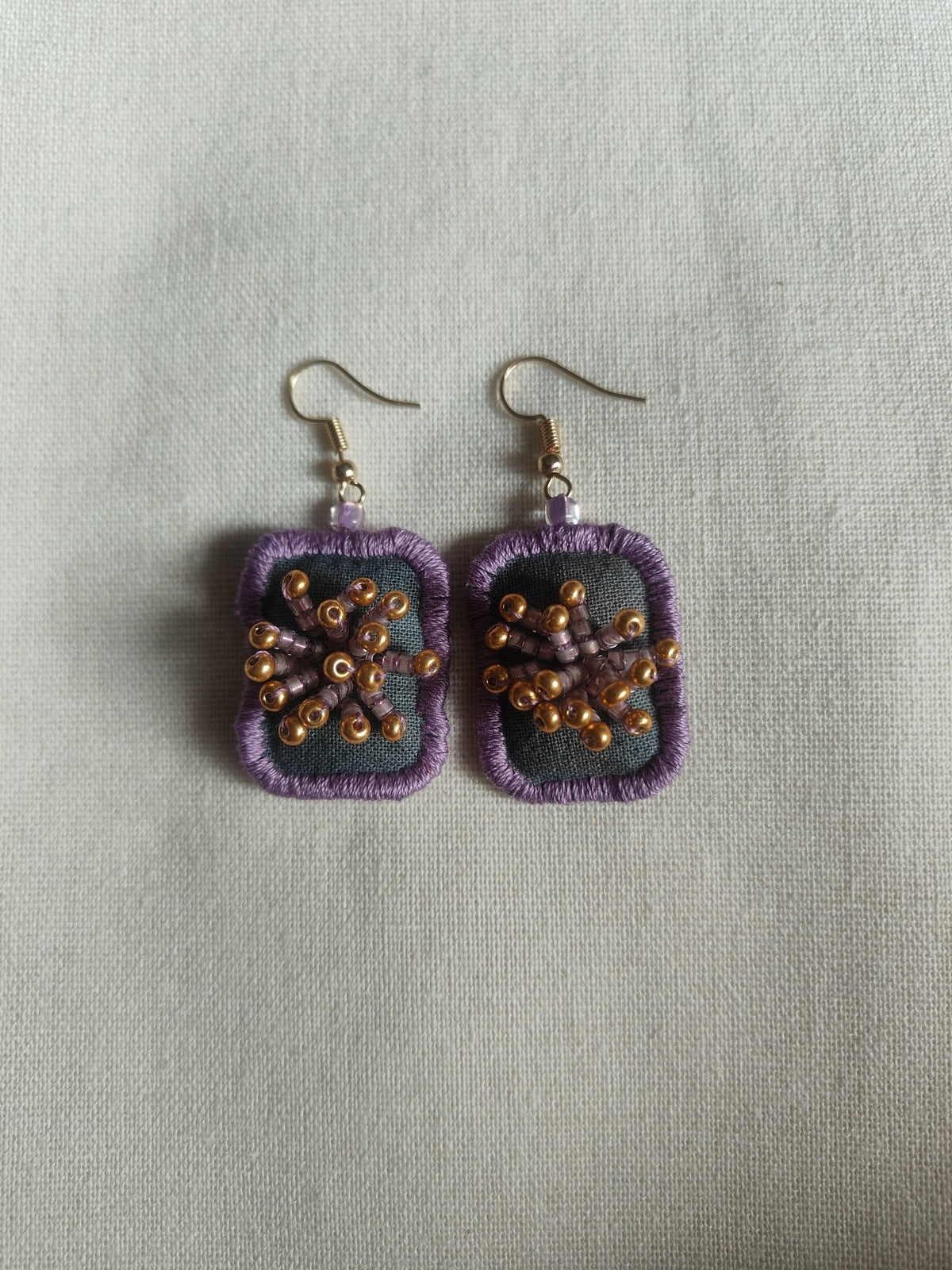 Handmade Fabric Earrings Purple Beaded