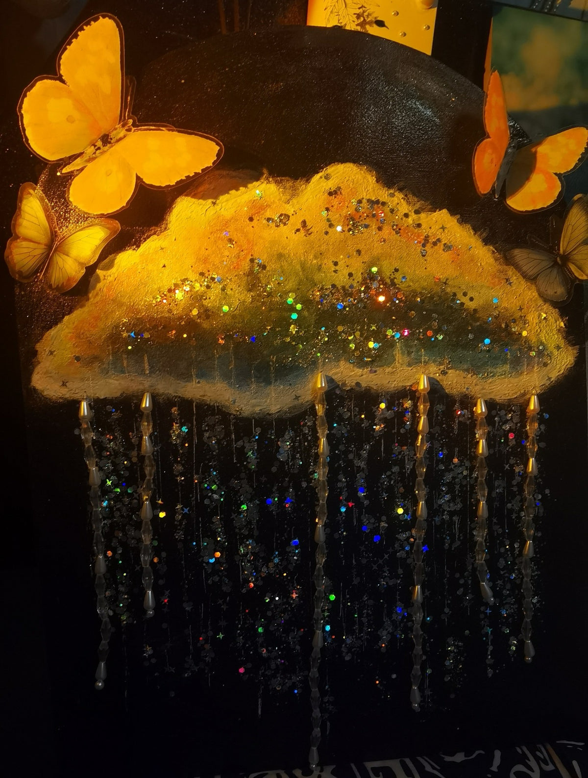 3D-Kunstbild mit Wolke, Perlenregen und Schmetterlingen