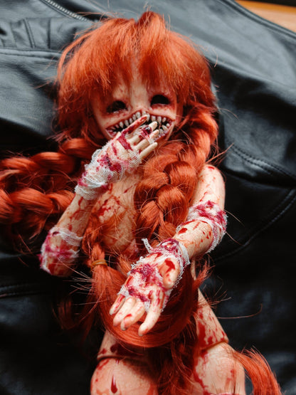 Custom Horror BJD Doll with Cracked Skin and Red Braids