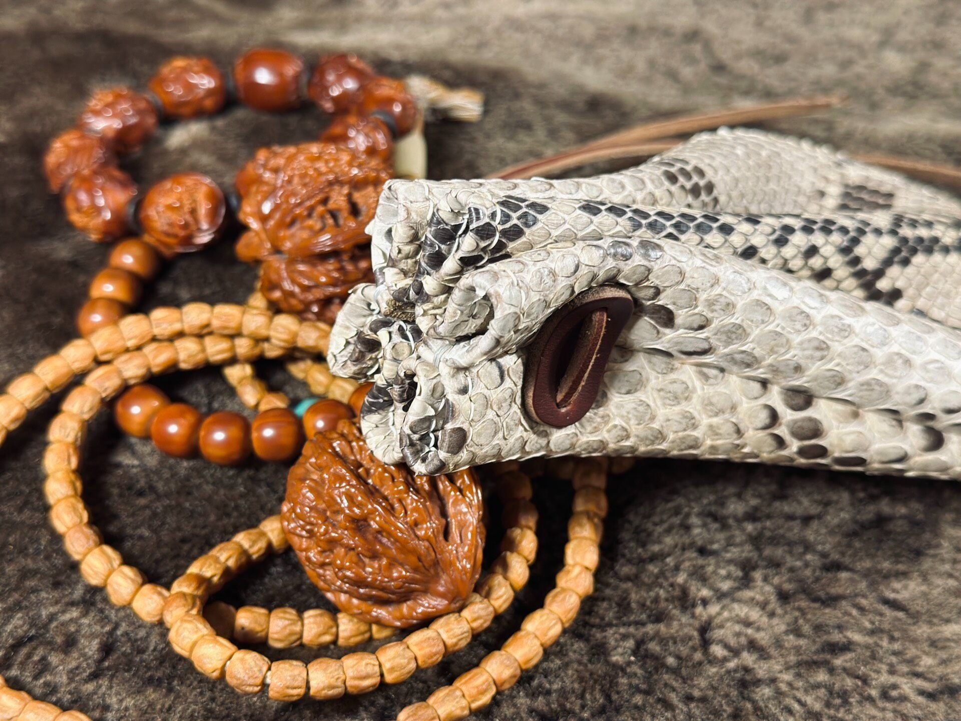 Handmade Leather Pouch with Snake Skin Pattern and Drawstring Closure