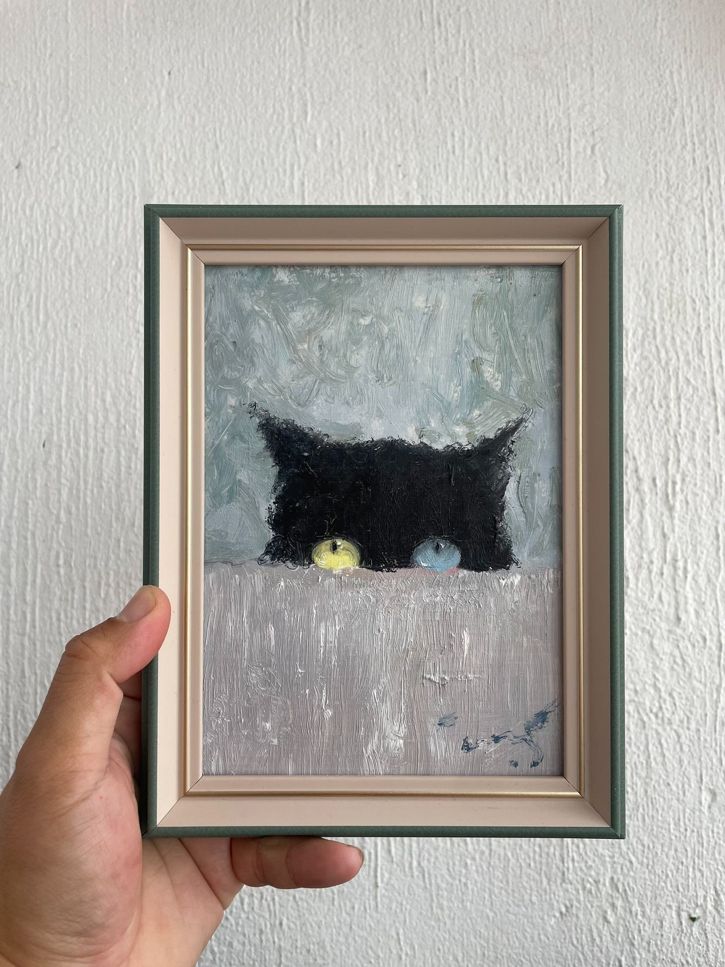 Hand-Painted Oil Painting of a Black Cat with Heterochromia, Impasto Texture, Framed