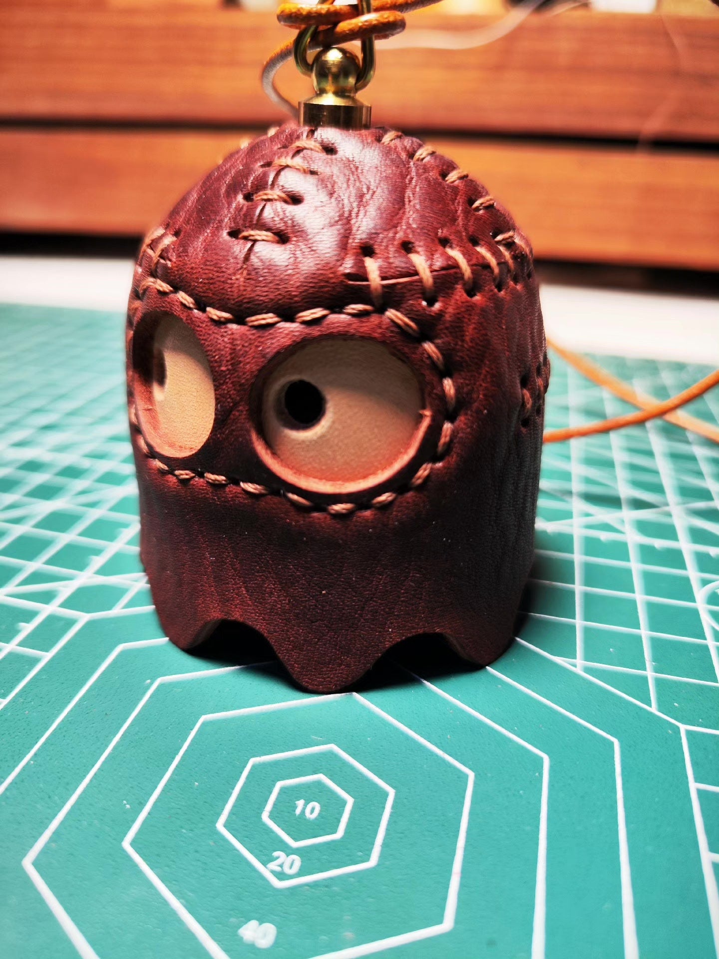 Ghost-Shaped Leather Pendant with Brass Ring and Leather Cord