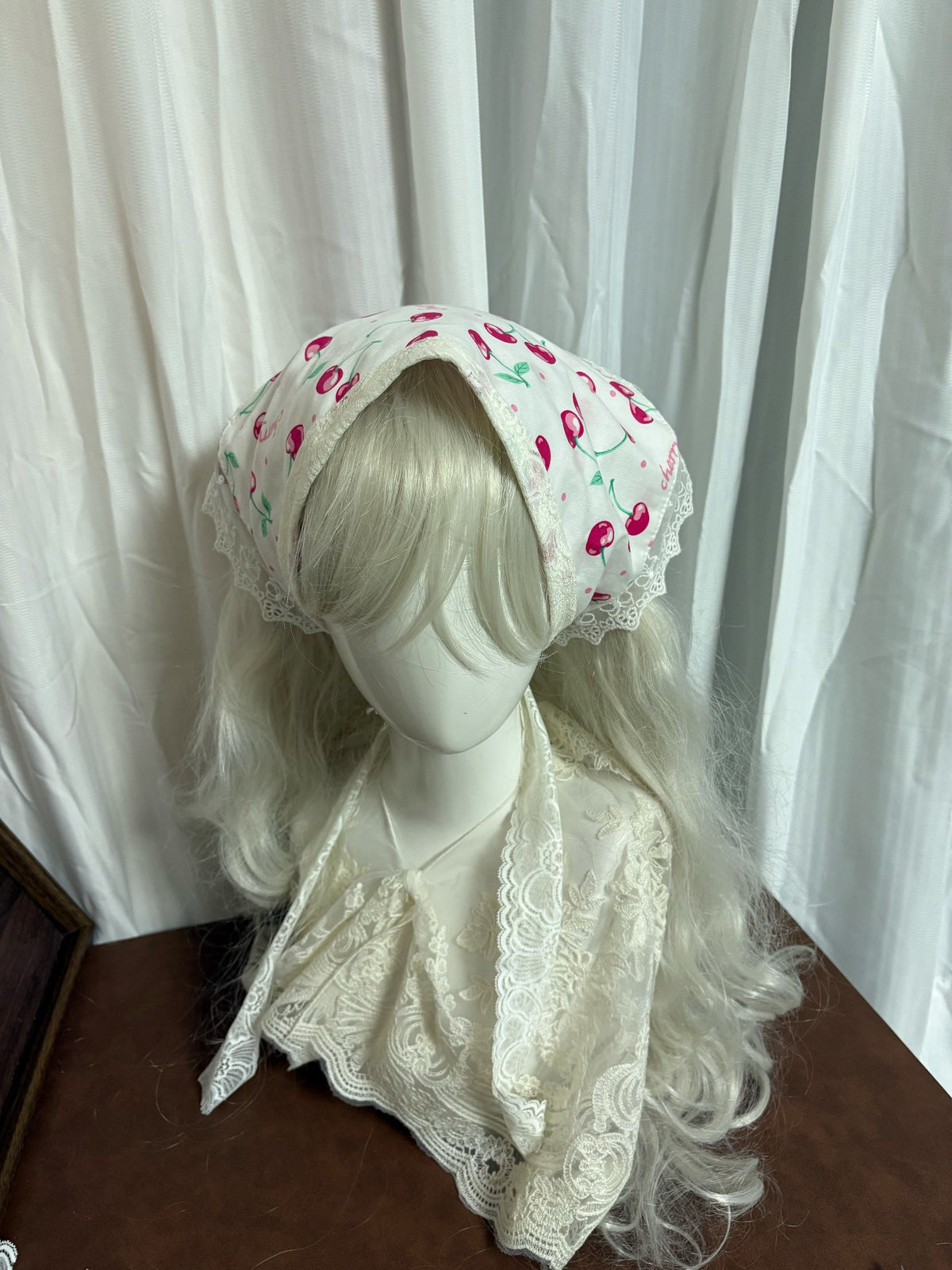 Reversible Cherry Print Lace Trim Headscarf