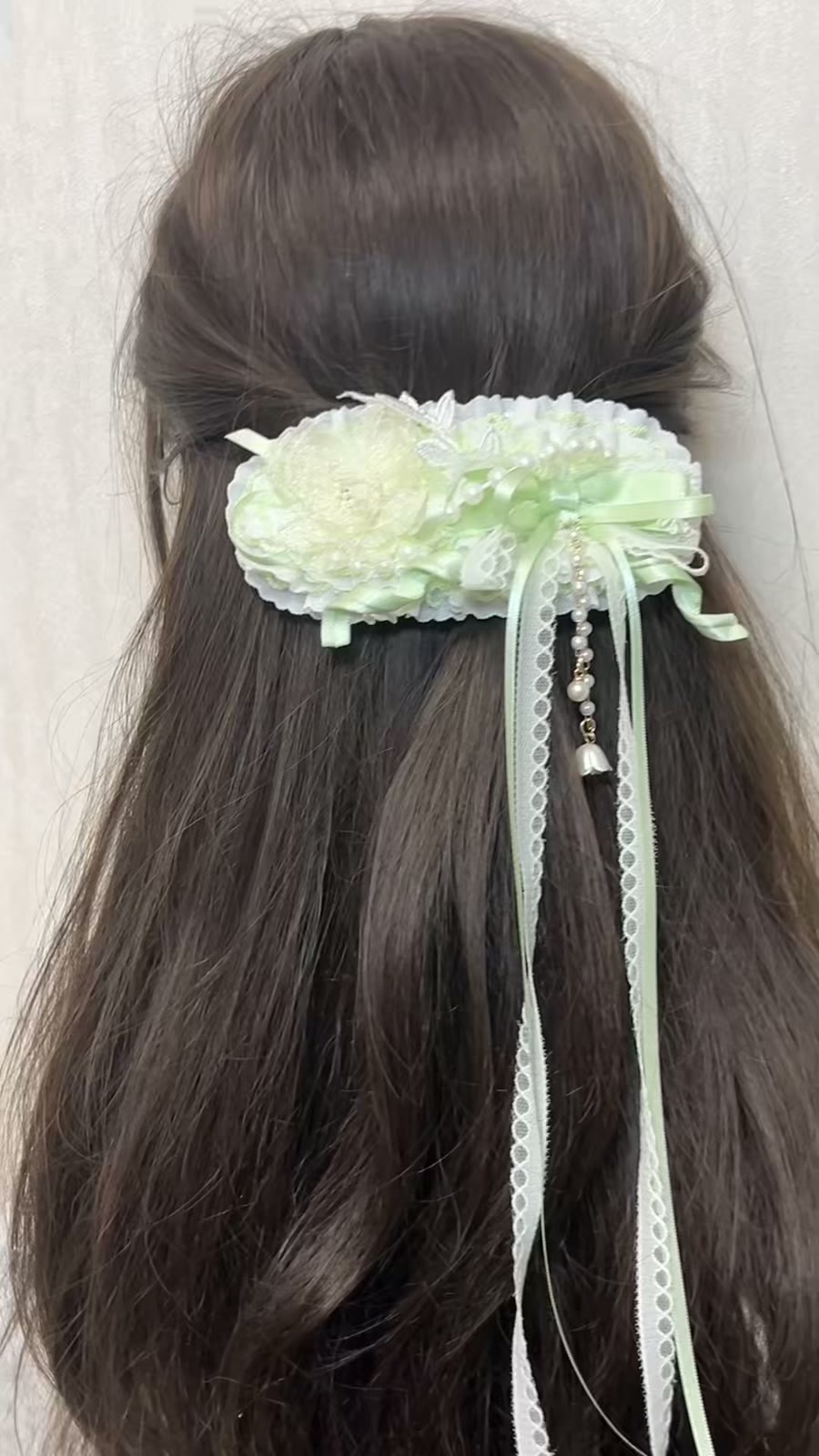 Mint Green Lace Flower Hair Clip with Ribbons