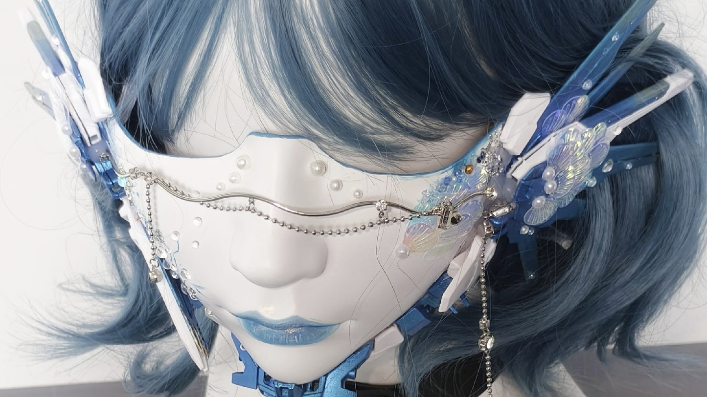 Cyberpunk Half-Face Mask with Blue Mechanical Fins and Pearl Beads