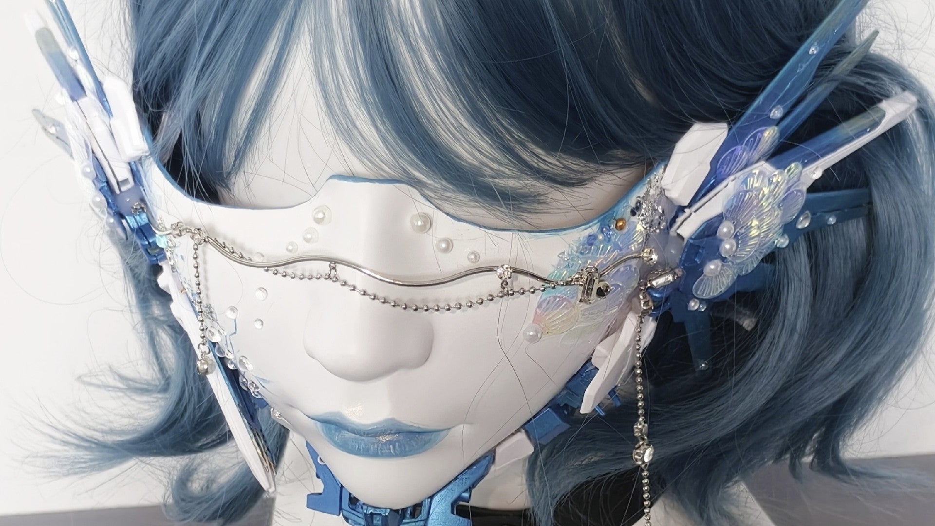 Cyberpunk Half-Face Mask with Blue Mechanical Fins and Pearl Beads