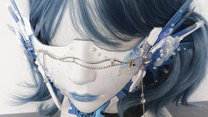 Cyberpunk Half-Face Mask with Blue Mechanical Fins and Pearl Beads