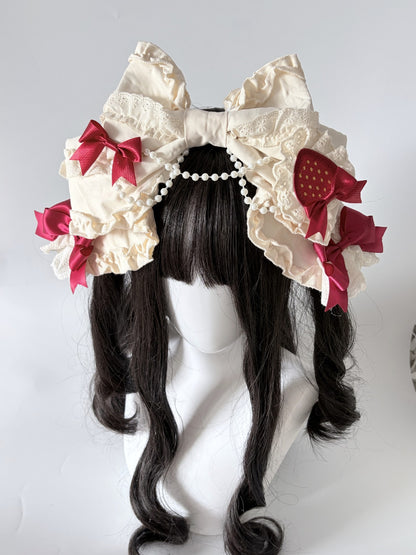 Lolita Cream Bow Headband with Detachable Strawberry Brooch