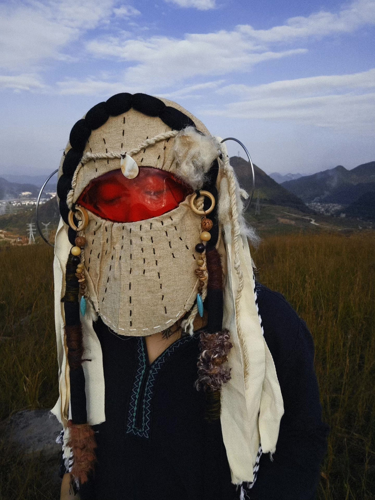 Tibetan Style Hood Mask with Beaded Tassels