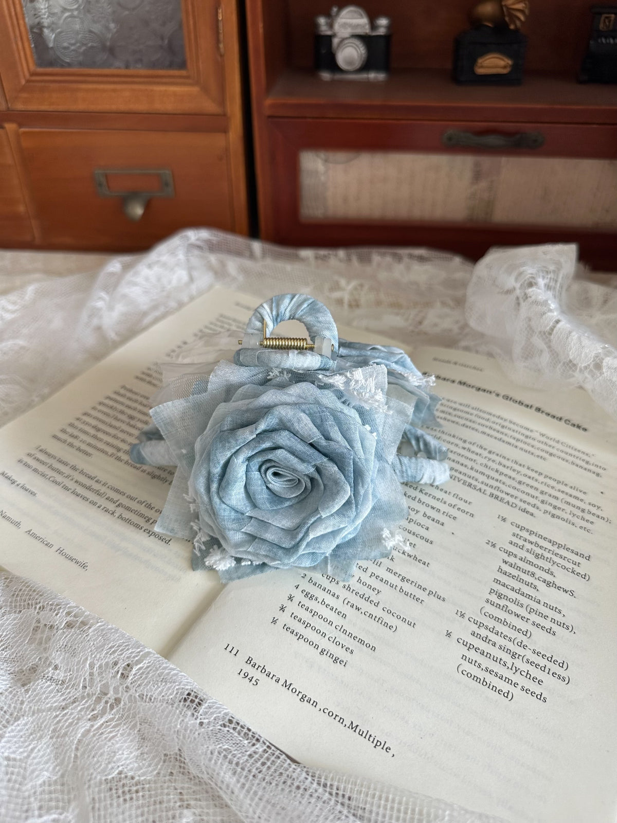Handcrafted Fabric Rose Claw Clip Dusty Blue