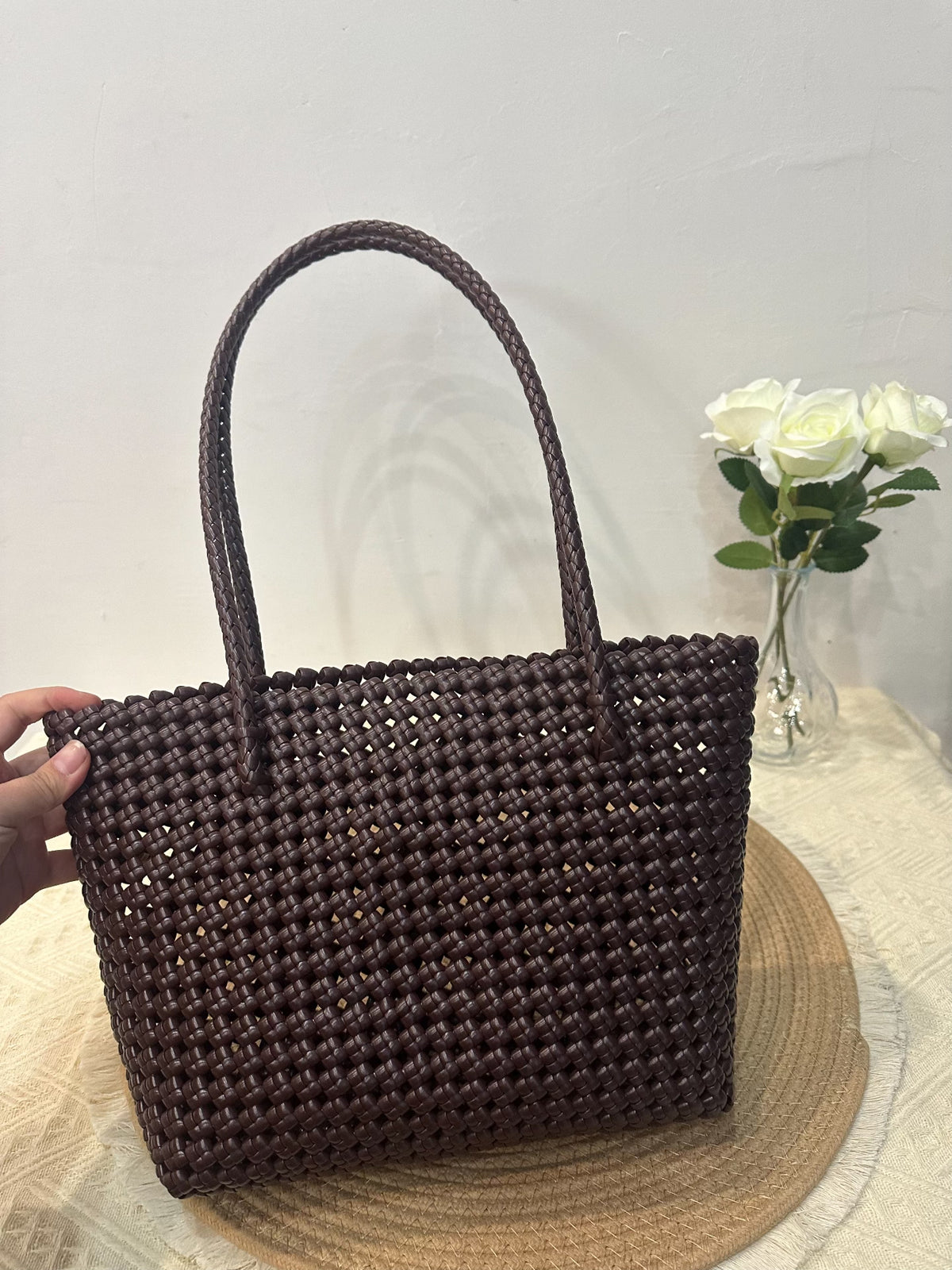 Handwoven Rattan Tote Bag Coffee Brown