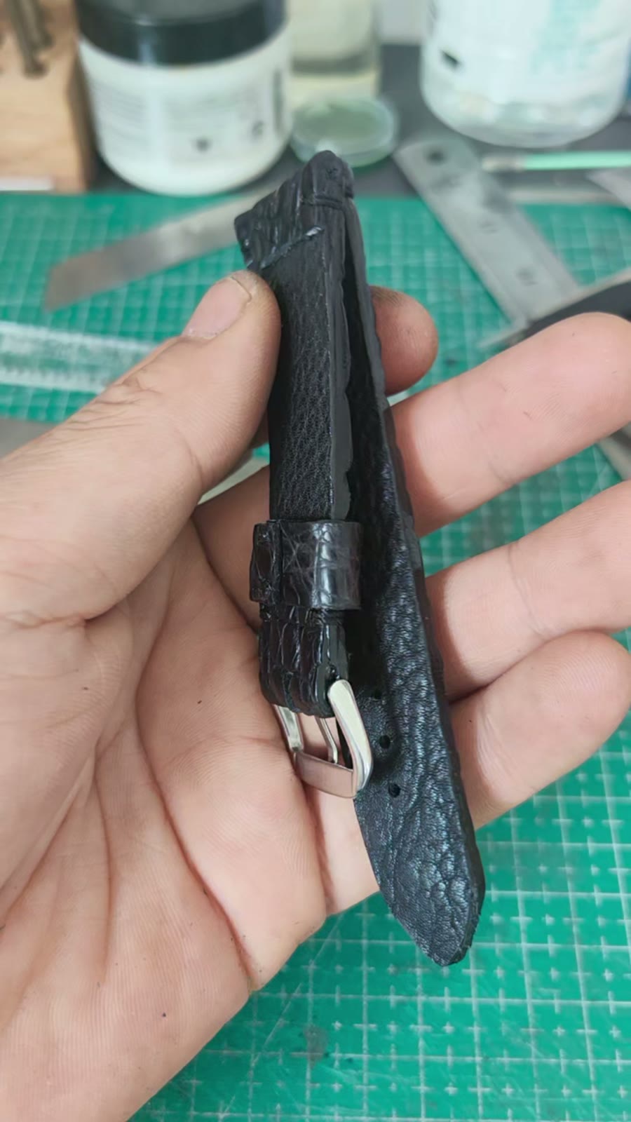 Handmade Black Crocodile Spine Leather Watch Strap
