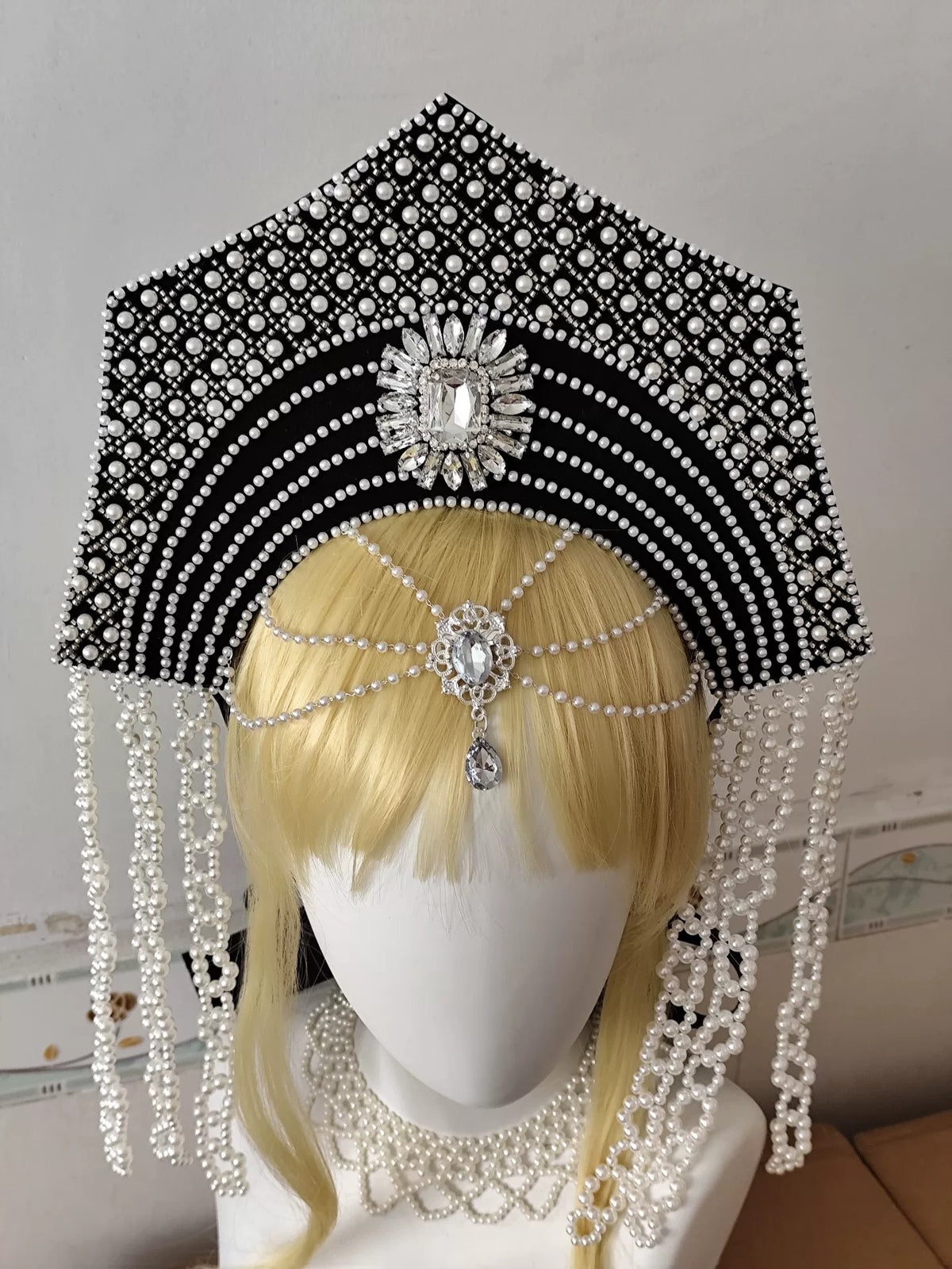 Traditional Russian Kokoshnik with White Pearls